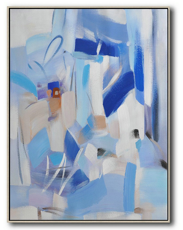 Large Abstract Art,Vertical Palette Knife Contemporary Art,Oversized Canvas Art,Blue,Sky Blue,White,Violet Grey.etc